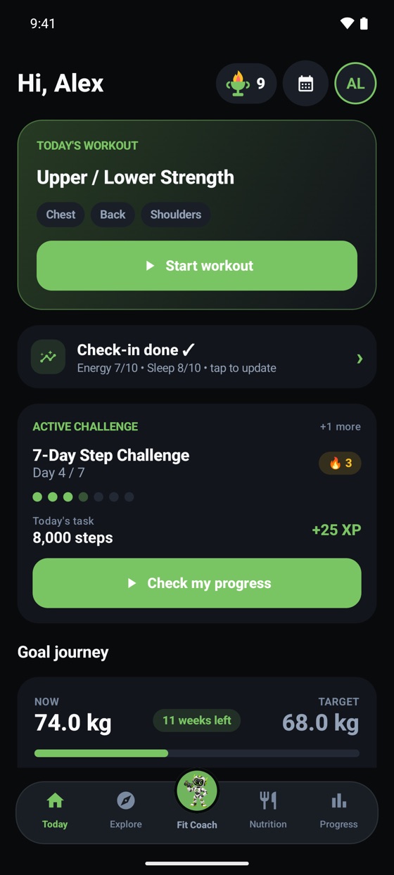 Today: active challenge on the home screen