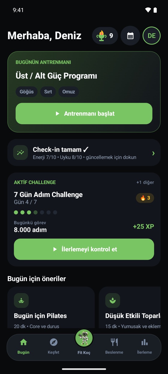 Bugün: aktif challenge ana ekranda