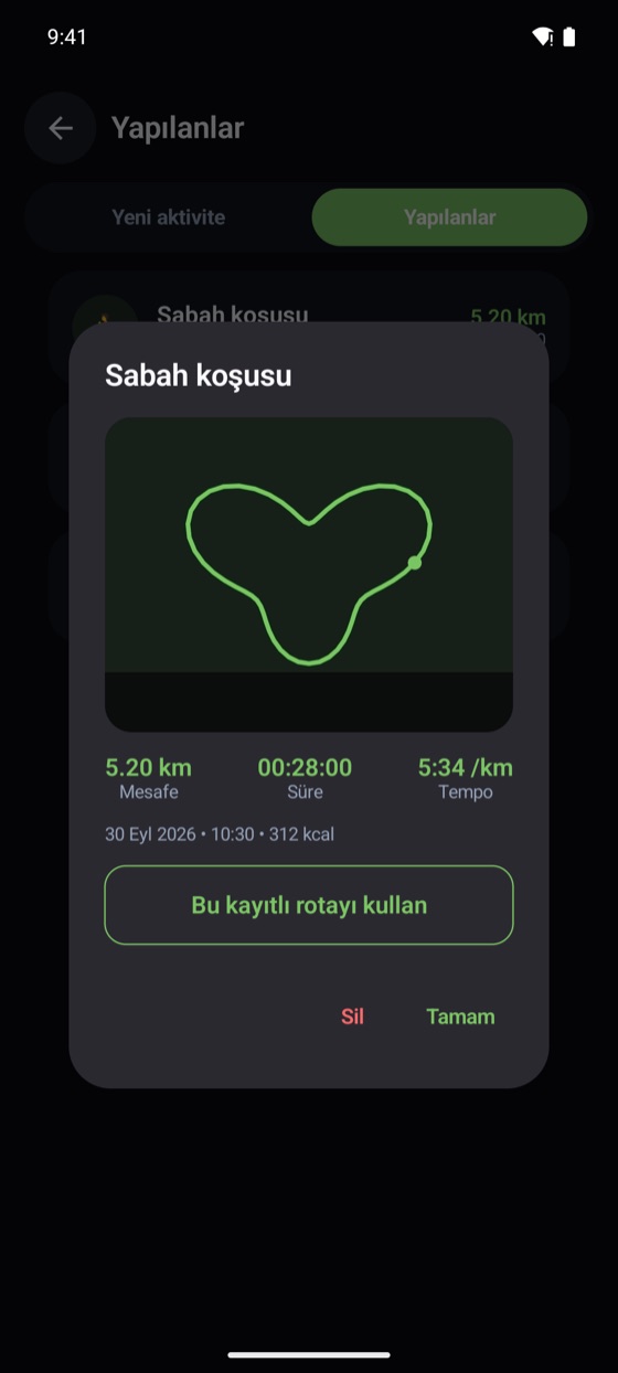Kaydedilmiş koşu rotası haritası